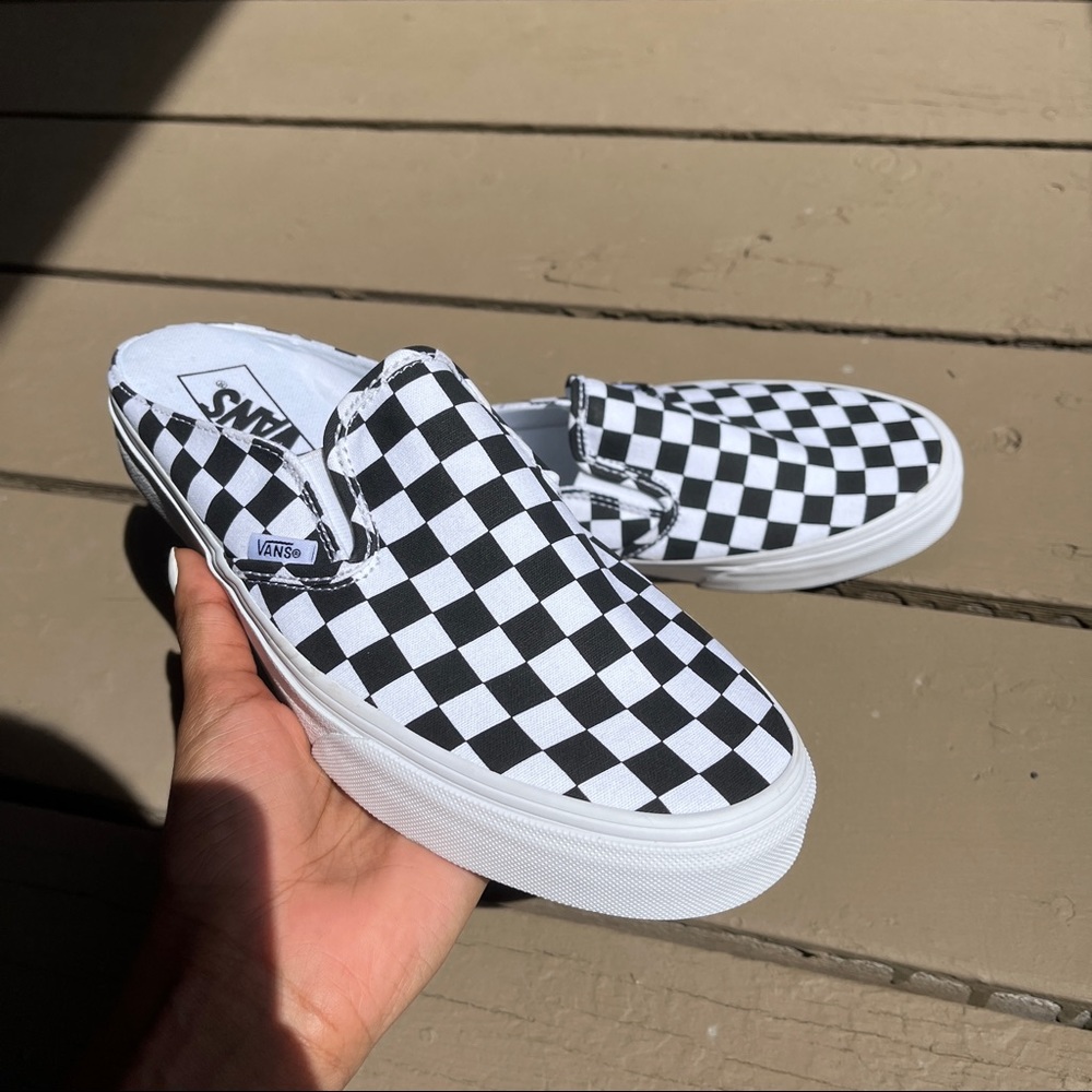 New Women’s Vans Slip On Checkerboard Mules in Black/White